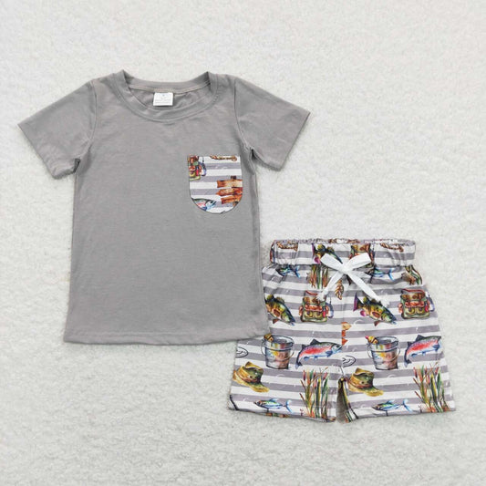 BSSO0481 Boy Fishing Grey Pocket Short Sleeve Shorts Boys Set Kids Hunting Clothes