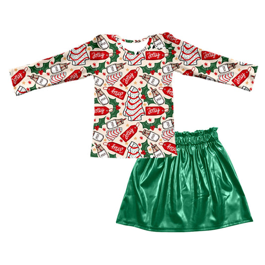 GLD0396 Christmas tis the season cake long sleeve top green leather skirt girls set