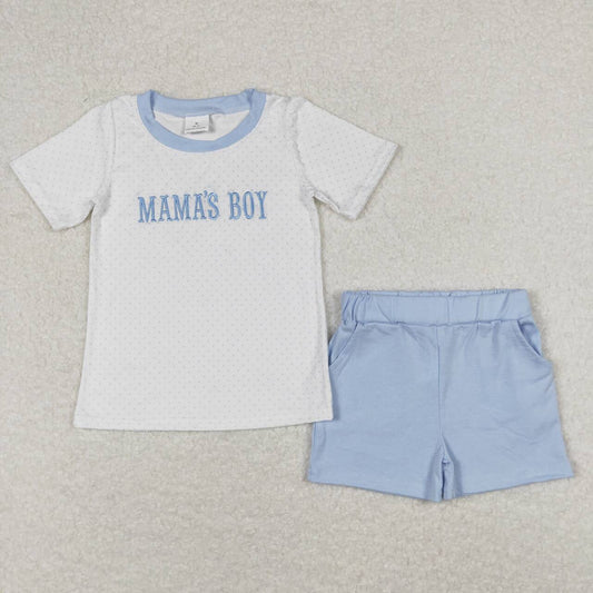 BSSO0570 embroidery Mamas Boy Dot Short Sleeve Blue Shorts Boys Summer Set