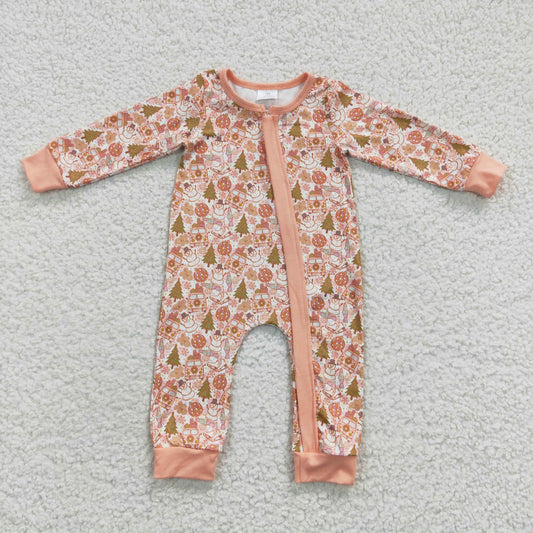LR0295 Christmas Bus Tree Snowman Orange Long Sleeves Romper