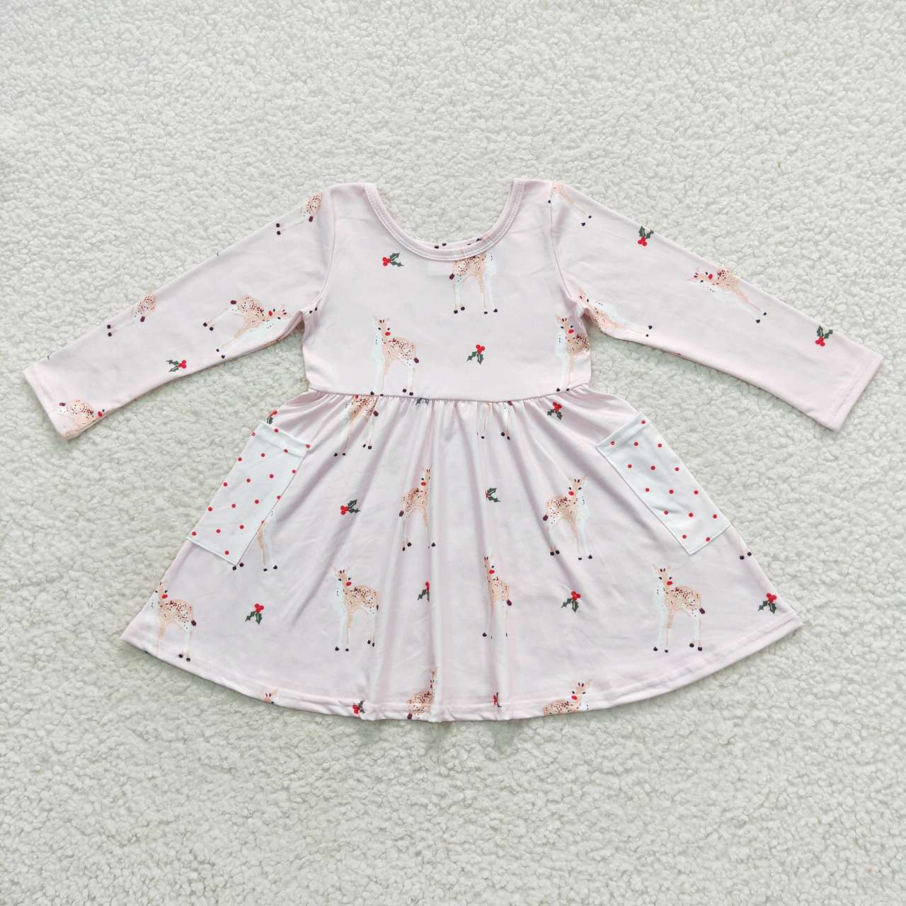 GLD0368 Christmas deer pink long sleeve pocket girls dress