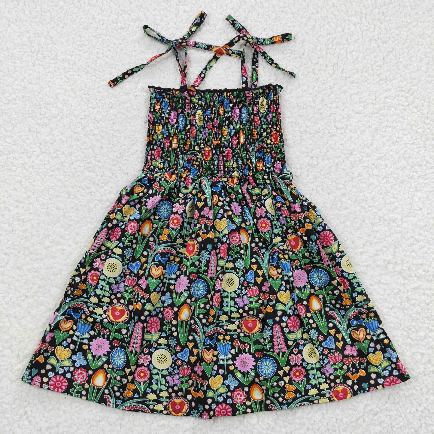 GSD0365 Smocking Stitch Colorful Flowers Black Girls Summer Dress