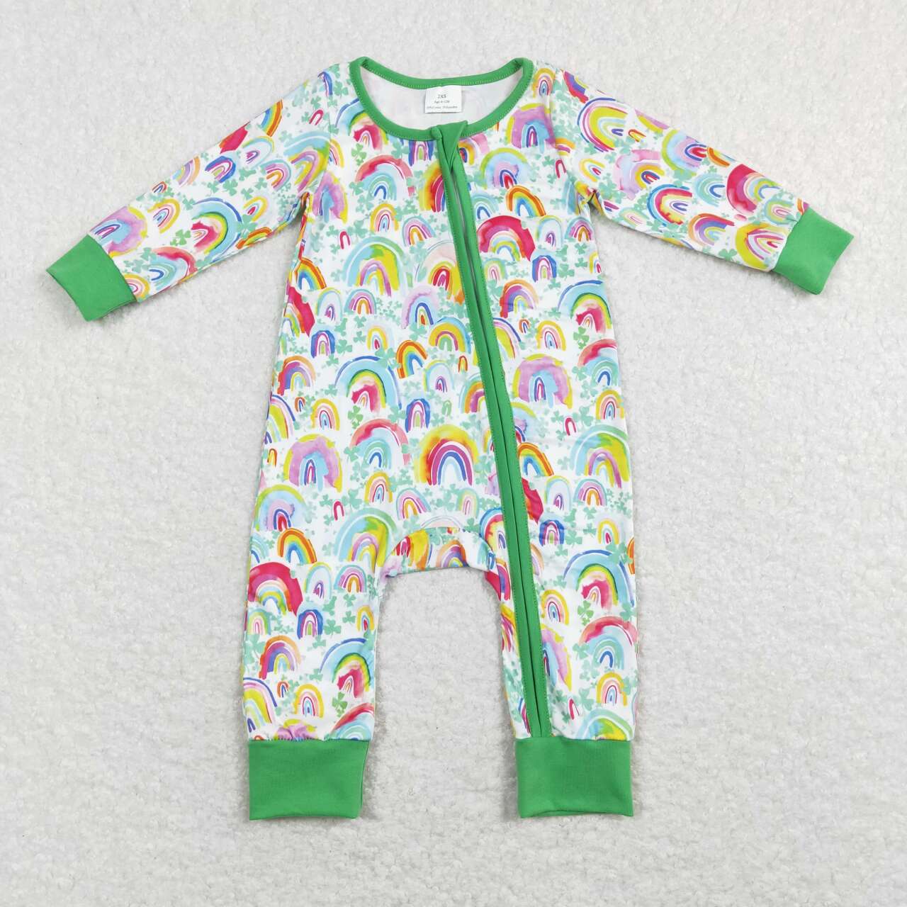 LR0883 Saint Patrick Rainbow Green Long Sleeve Zipper Girls Romper