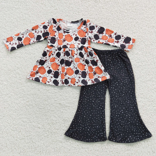 GLP0430 Pumpkin Orange Long Sleeves Black Dot Pants Girls Set