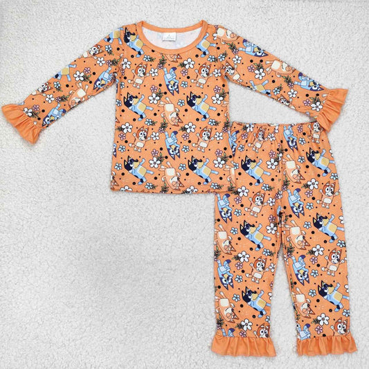 GLP1184 cartoon blue dog flowers orange long sleeve pants girls pajamas
