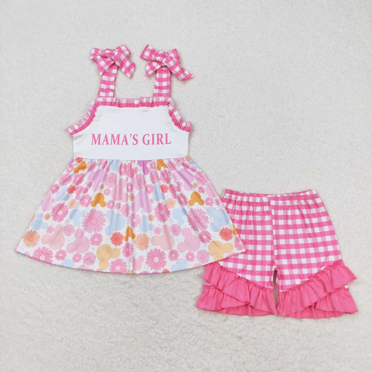 GSSO0819 mama's girl flowers M lace-up top hot pink checkered shorts girls set