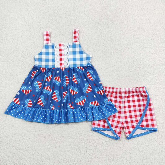 GSSO1294 July 4th heart flag checkered sleeveless red checkered shorts girls set