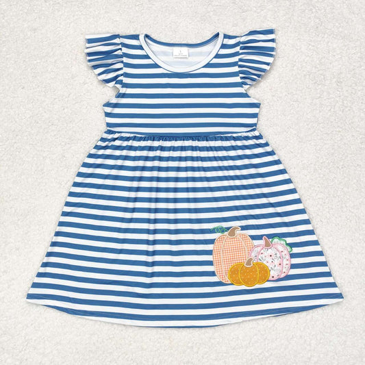 GSD1254 embroidery Autumn pumpkin blue striped flutter sleeve girls dress