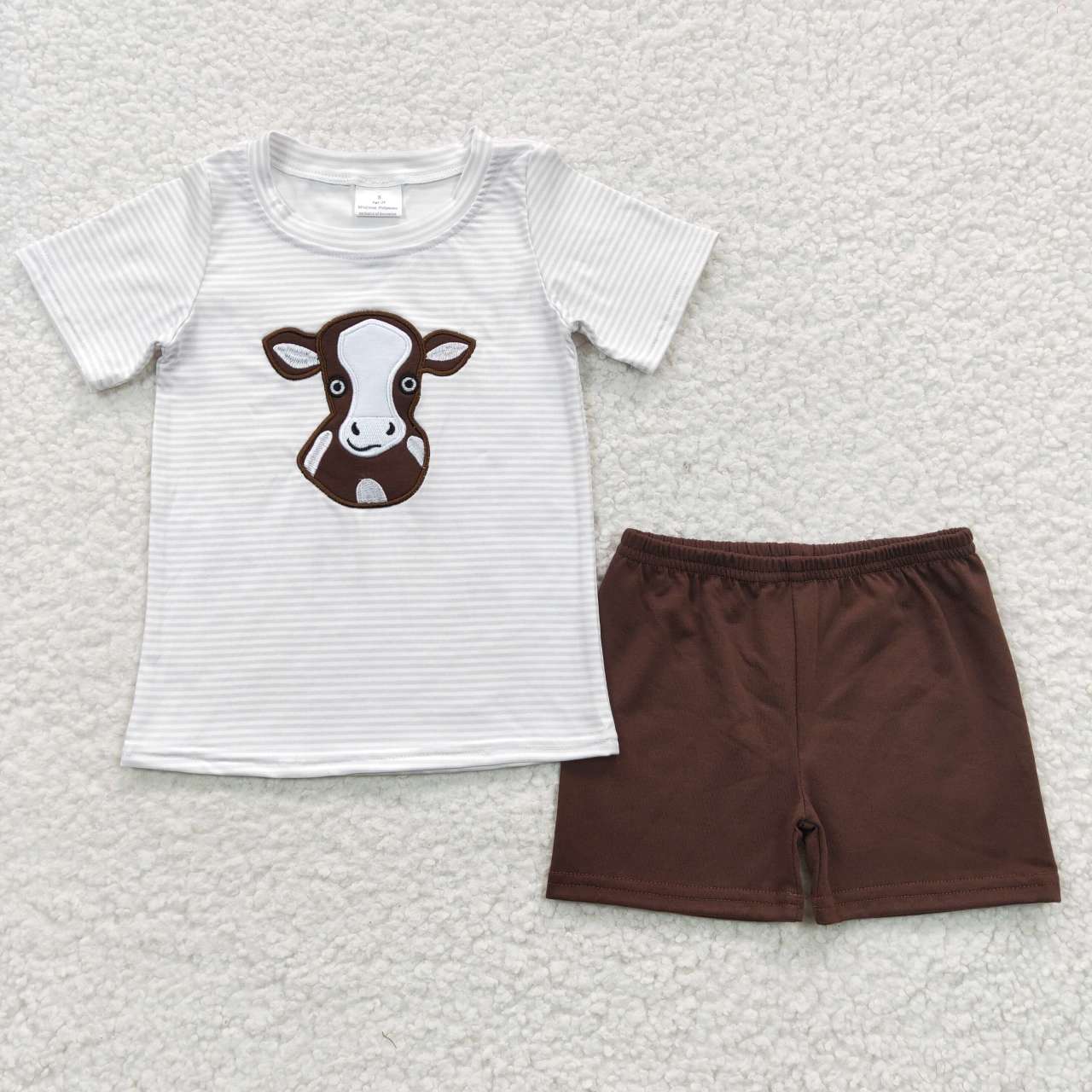 BSSO0218 Cow Brown Short Embroidery Summer Boys Set