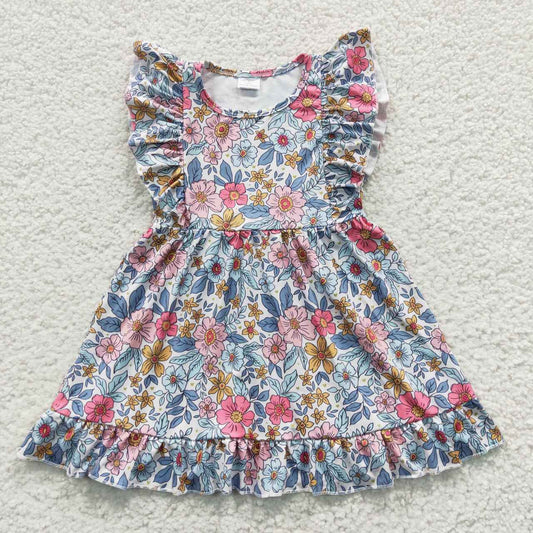 GSD0363 Pink Blue Flowers Flutter Sleeve Girls Kids Dress