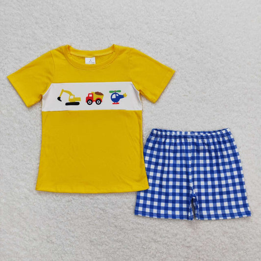 BSSO0574 Construction Truck Plane Yellow Short Sleeve Blue Checkered Shorts Boys Set