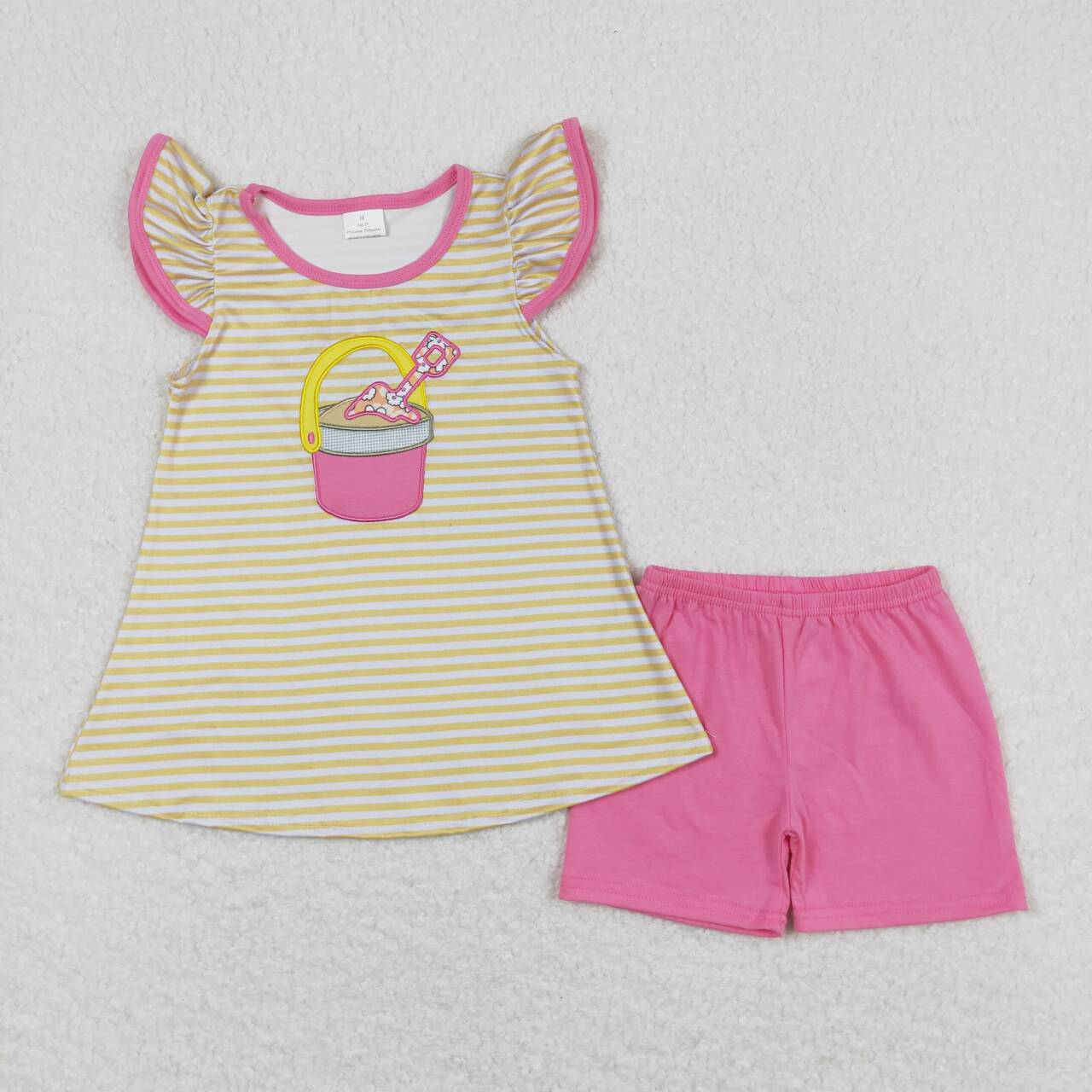 GSSO0600 embroidery Beach Tools Yellow Striped Flutter Sleeve Hot Pink Shorts Girls Summer Set