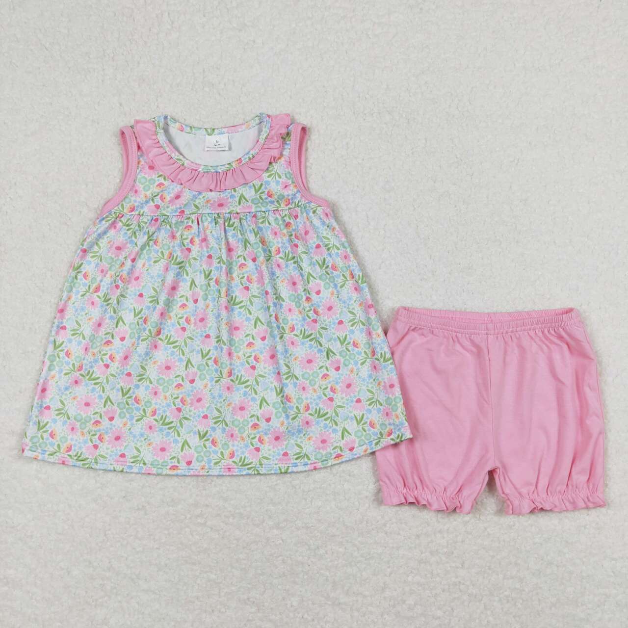 GSSO0825 colorful flowers sleeveless hot pink shorts girls set