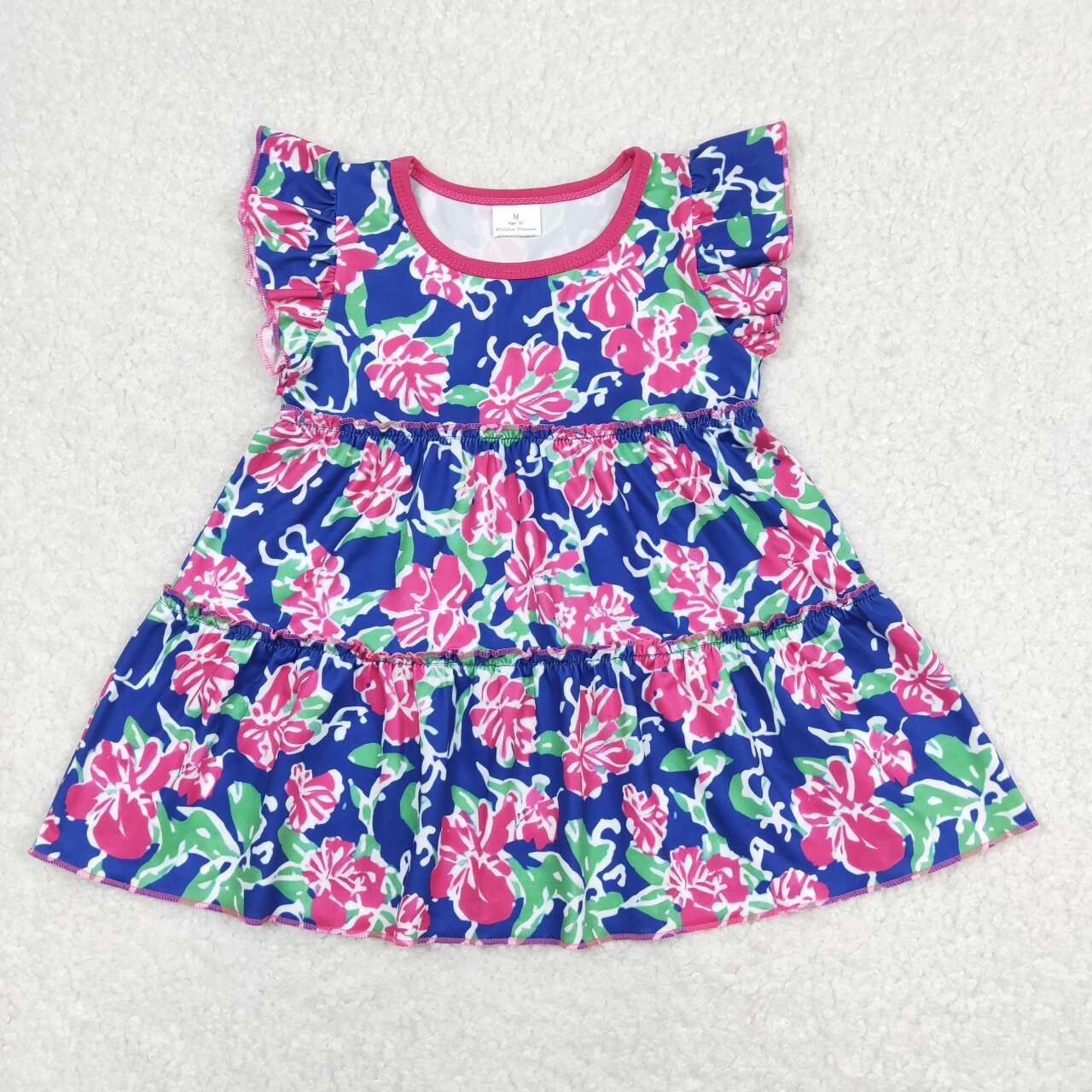 GT0473 Hot Pink Flowers Navy Flutter Sleeve Girls Summer Top