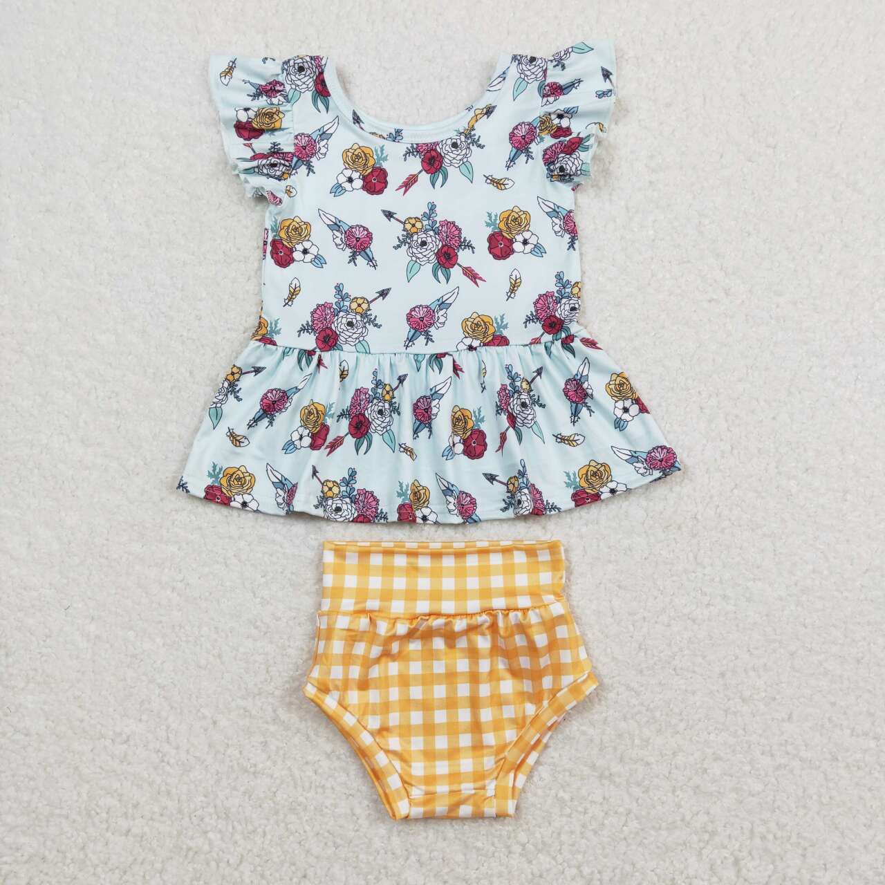 GBO0281 Flowers Blue Flutter Sleeve Yellow Checkered Girls Bummies Set