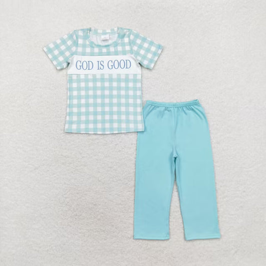 BSPO0463 God is good green checkered pants boys set