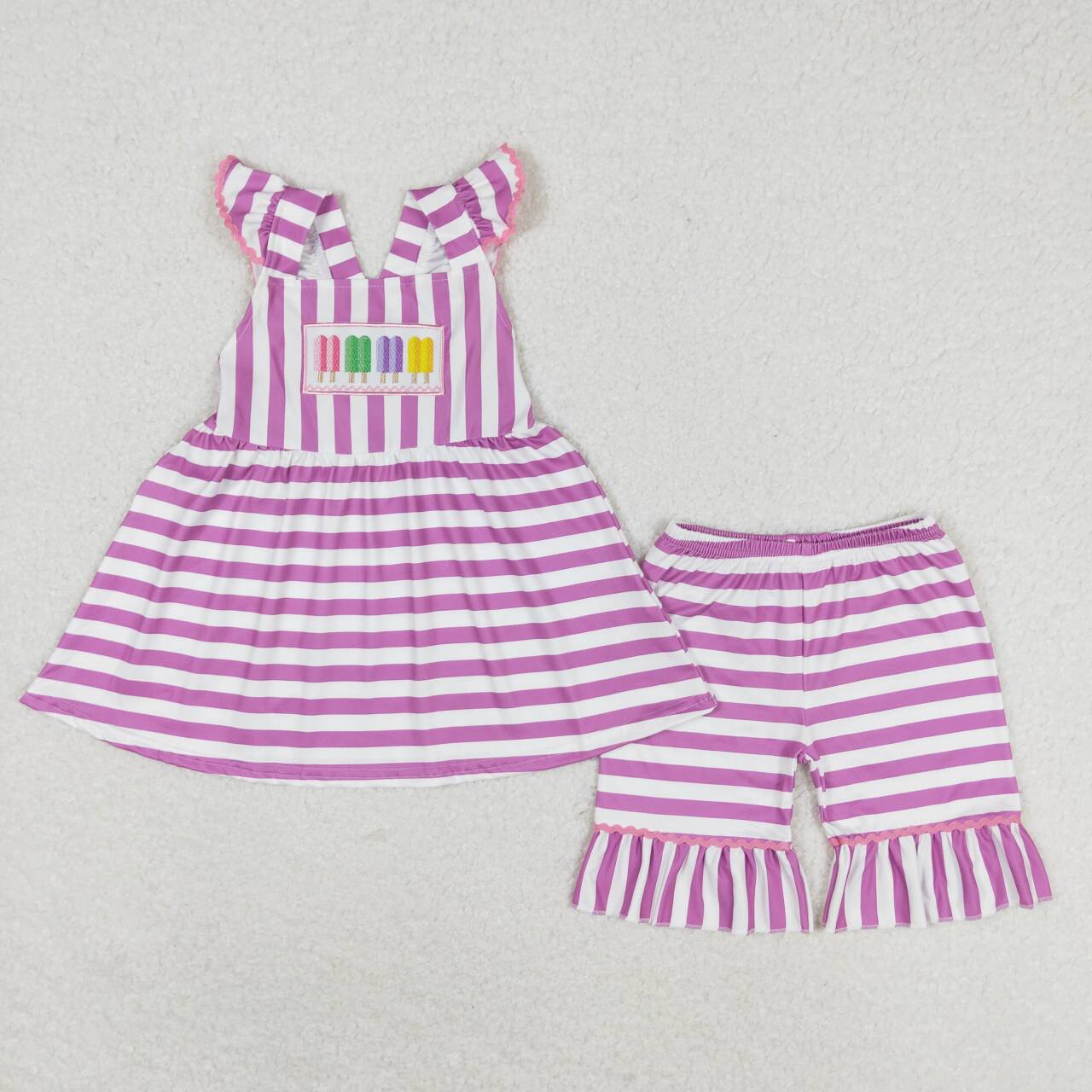 GSSO0734 Colorful ice purple striped flutter sleeve shorts girls set