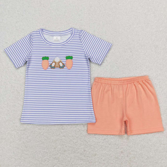 BSSO0301 Easter rabbit carrot blue striped short sleeve orange shorts boys set