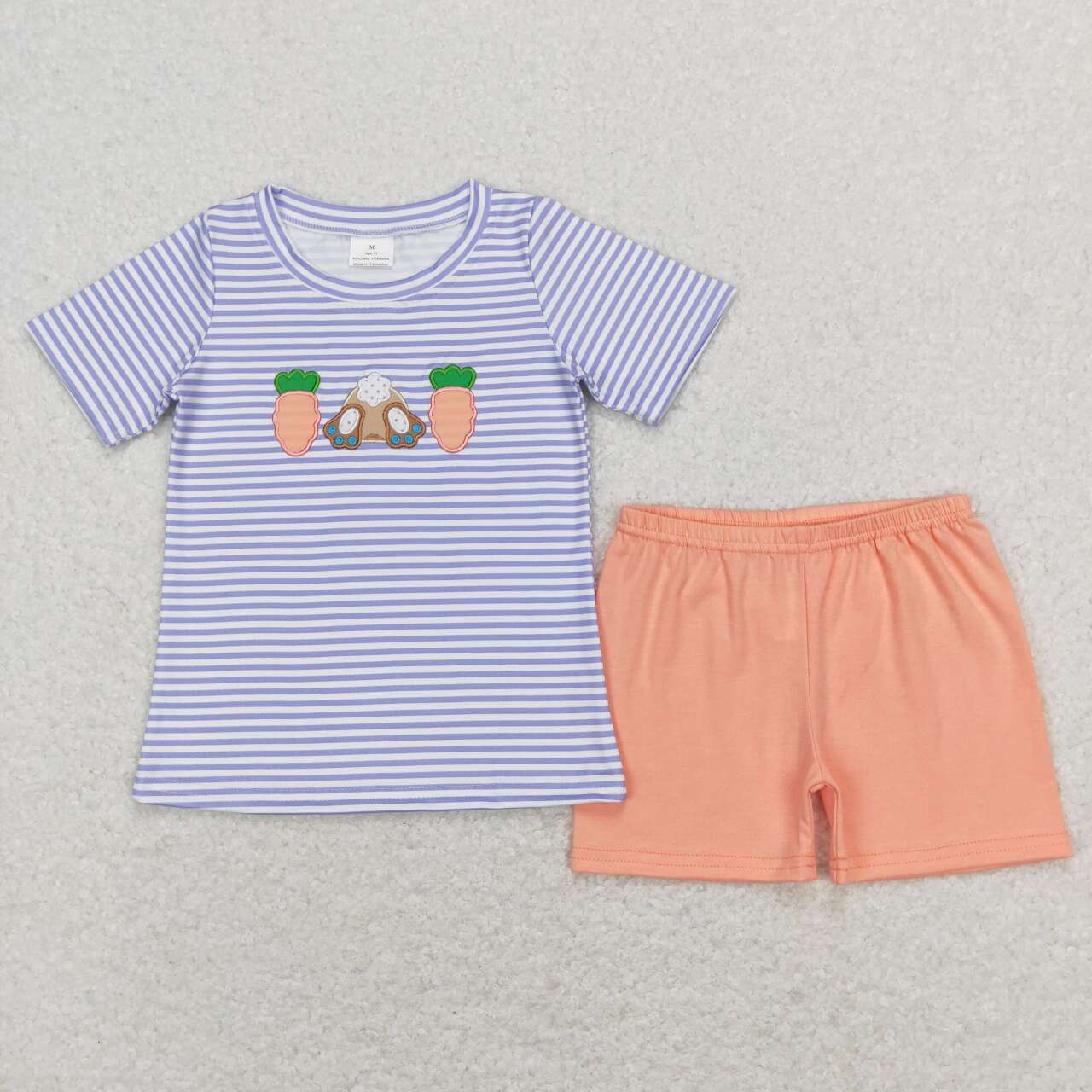 BSSO0301 Easter rabbit carrot blue striped short sleeve orange shorts boys set