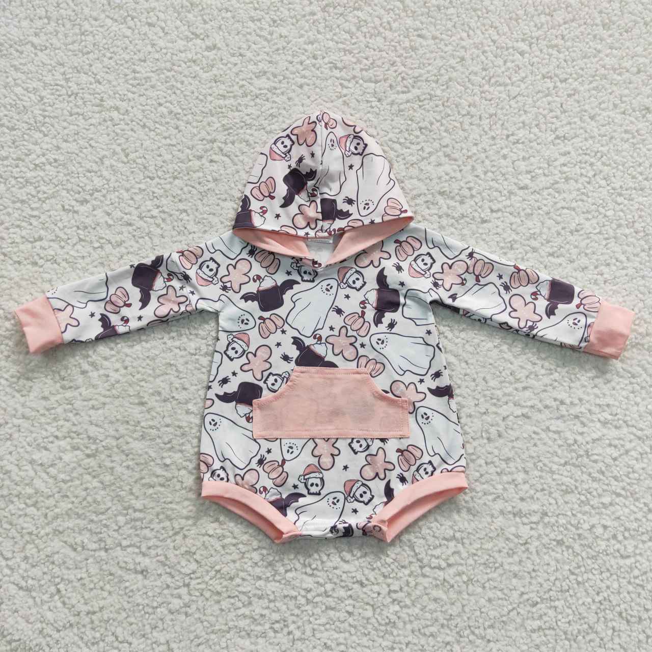 LR0275 Halloween Ghost Bat Pink Long Sleeves Hoodie Kids Romper