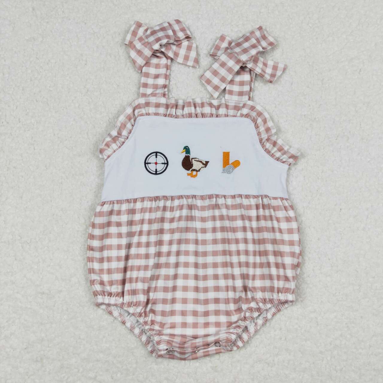 SR1008 embroidery Hunting Mallard Khaki Checkered Sleeveless Girls Romper