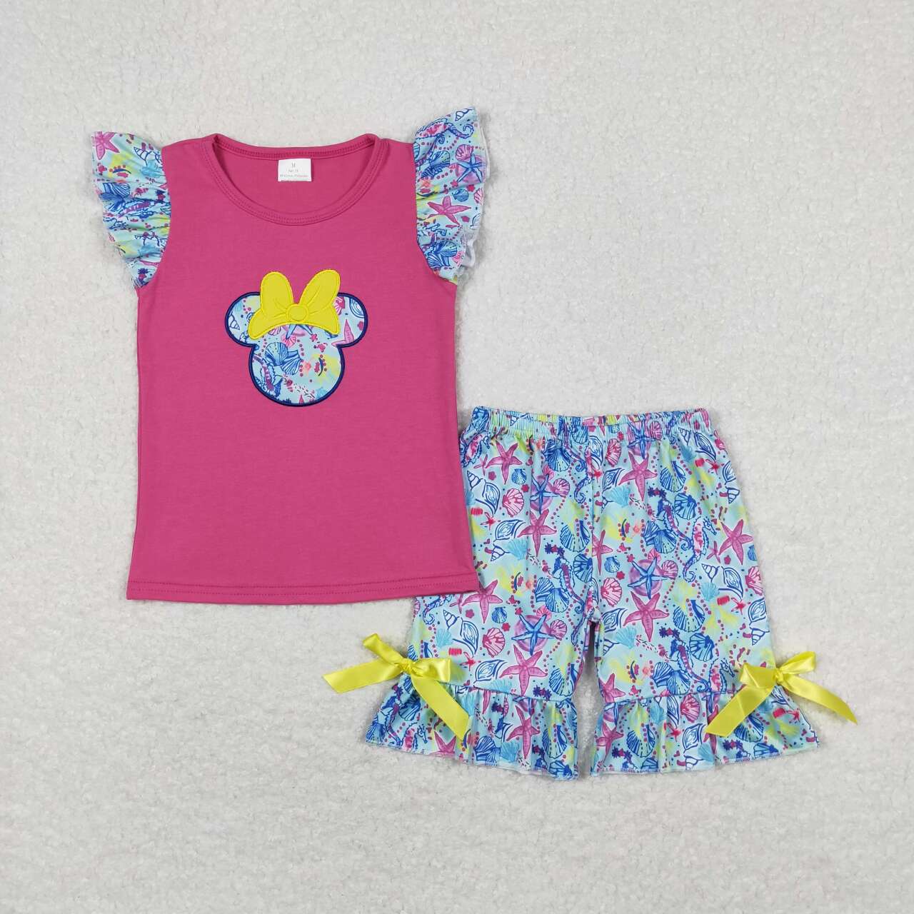 GSSO0629 embroidery Cartoon hot pink short sleeve colorful shorts girls set
