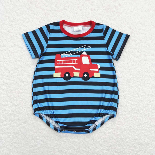 SR0836 Baby Boy construction Fire Truck Blue Striped Short Sleeve Boys Romper Kids Summer Clothes