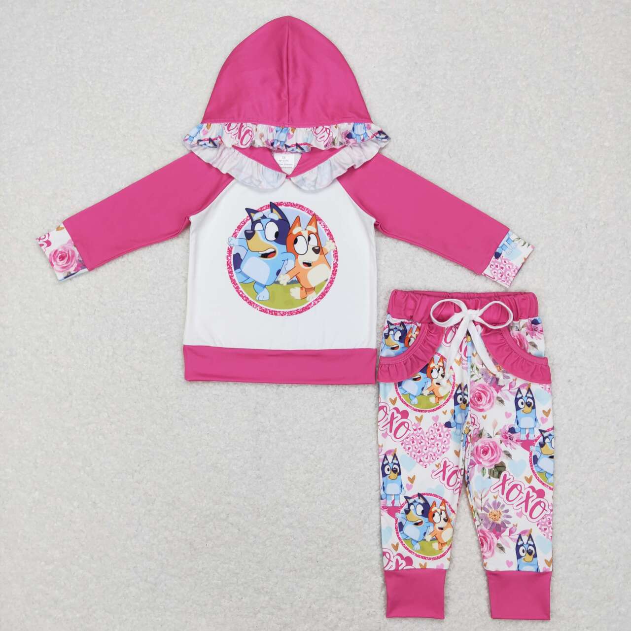 GLP0985 Valentine's Day cartoon dog hoodie pockets hot pink pants girls set