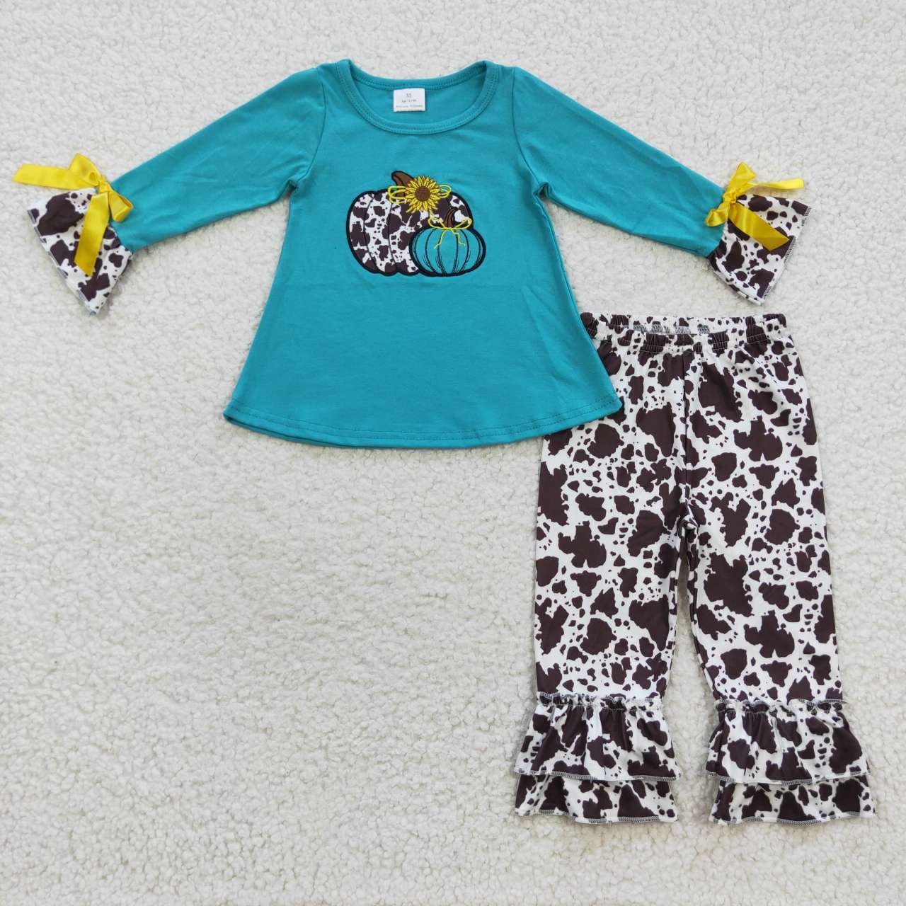 GSPO0704 Pumpkin Flowers Blue Short Sleeves Cow Print Pans Girls Set