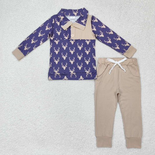 BLP0494 hunting deer long sleeve khaki pants boys set