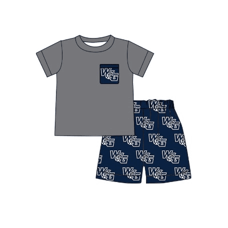 custom style WC dark grey pocket short sleeve blue shorts boys set