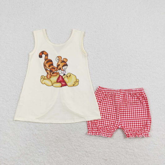 GSSO1282 cartoon bear tiger sleeveless with bow red checkered shorts girls set