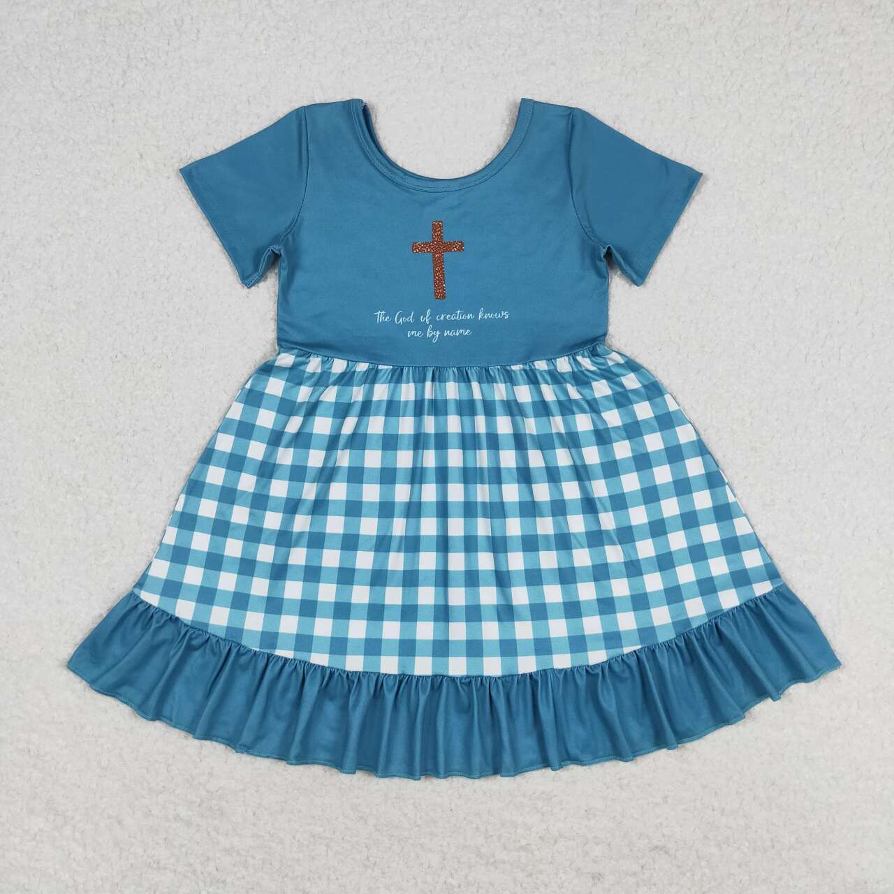 GSD1157 cross green checkered short sleeve girls dress