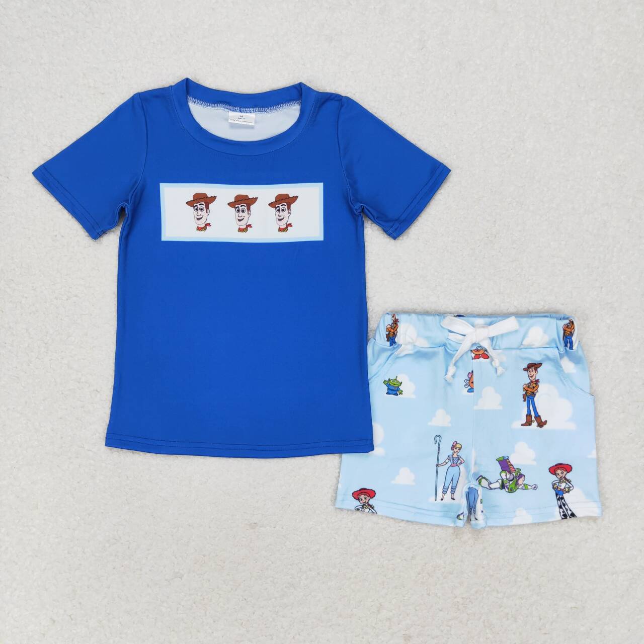 BSSO0892 cartoon toy navy blue short sleeve blue shorts boys set