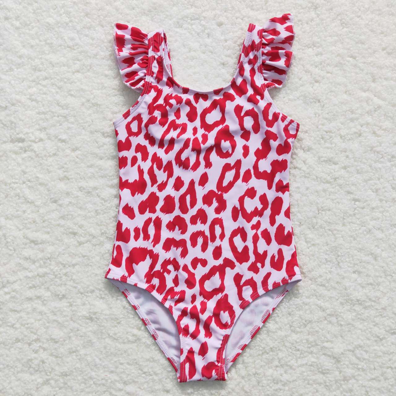 S0155 Pink leopard flutter sleeve girls swimsuit