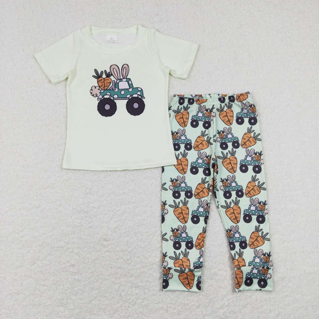 BSPO0256 Easter rabbit carrot truck short sleeve green pants boys set