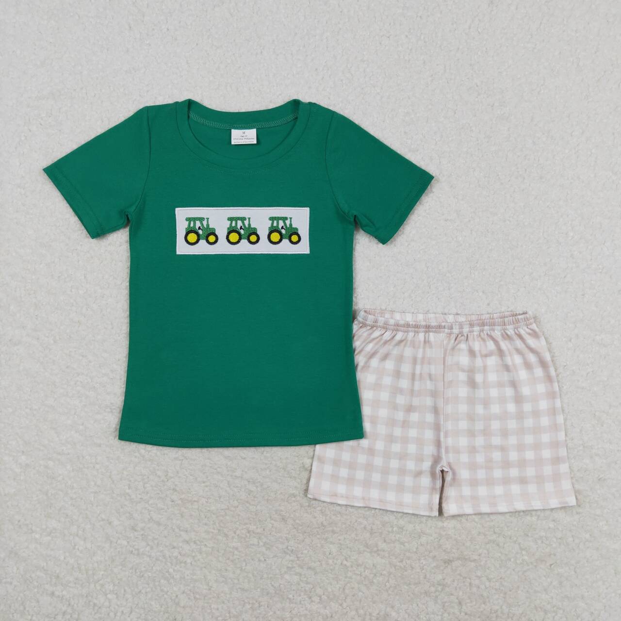 BSSO0809 embroidery farm tractor green short sleeve checkered shorts boys set