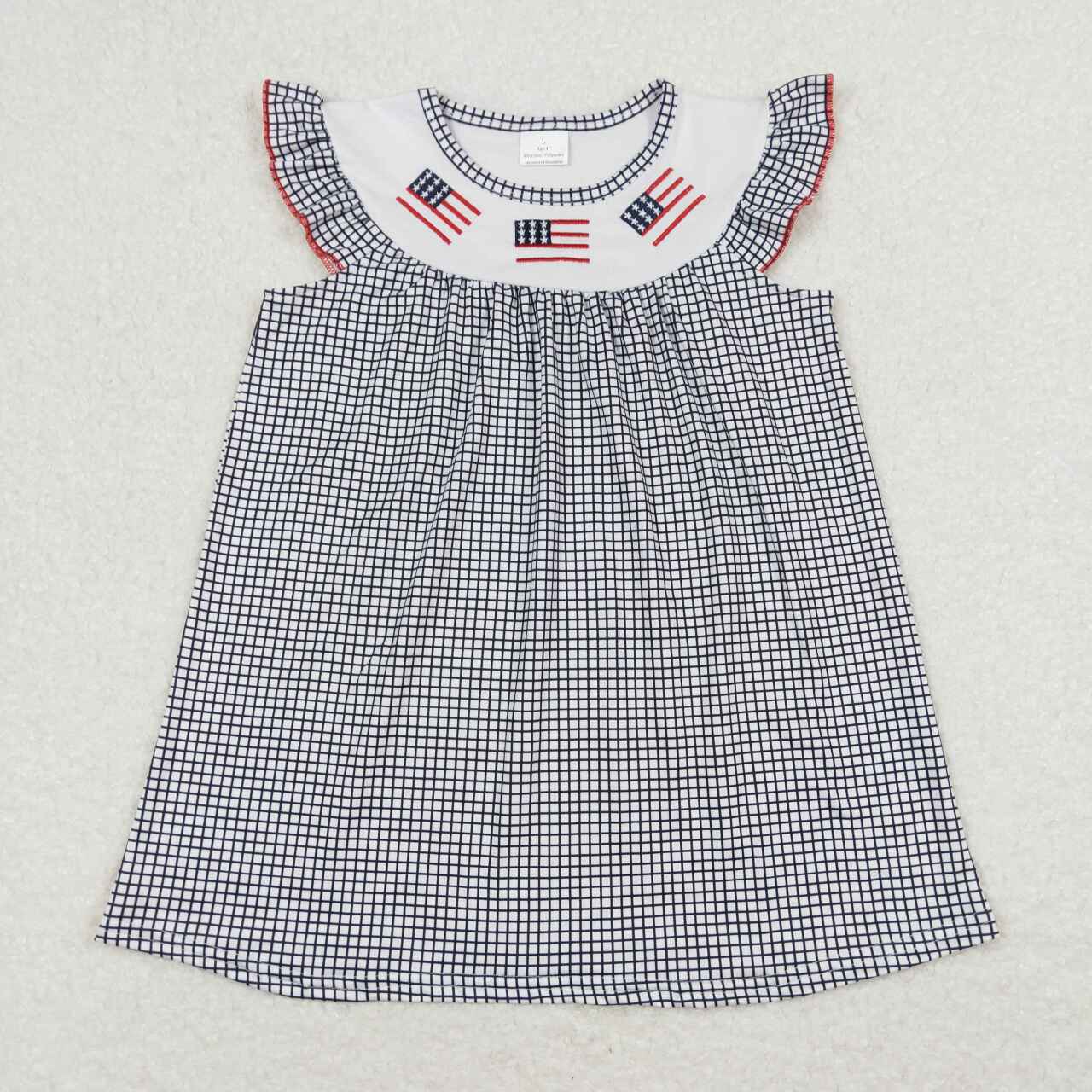 GSD0811 embroidery July 4th Flag Black Checkered Flutter Sleeve Girls Dress