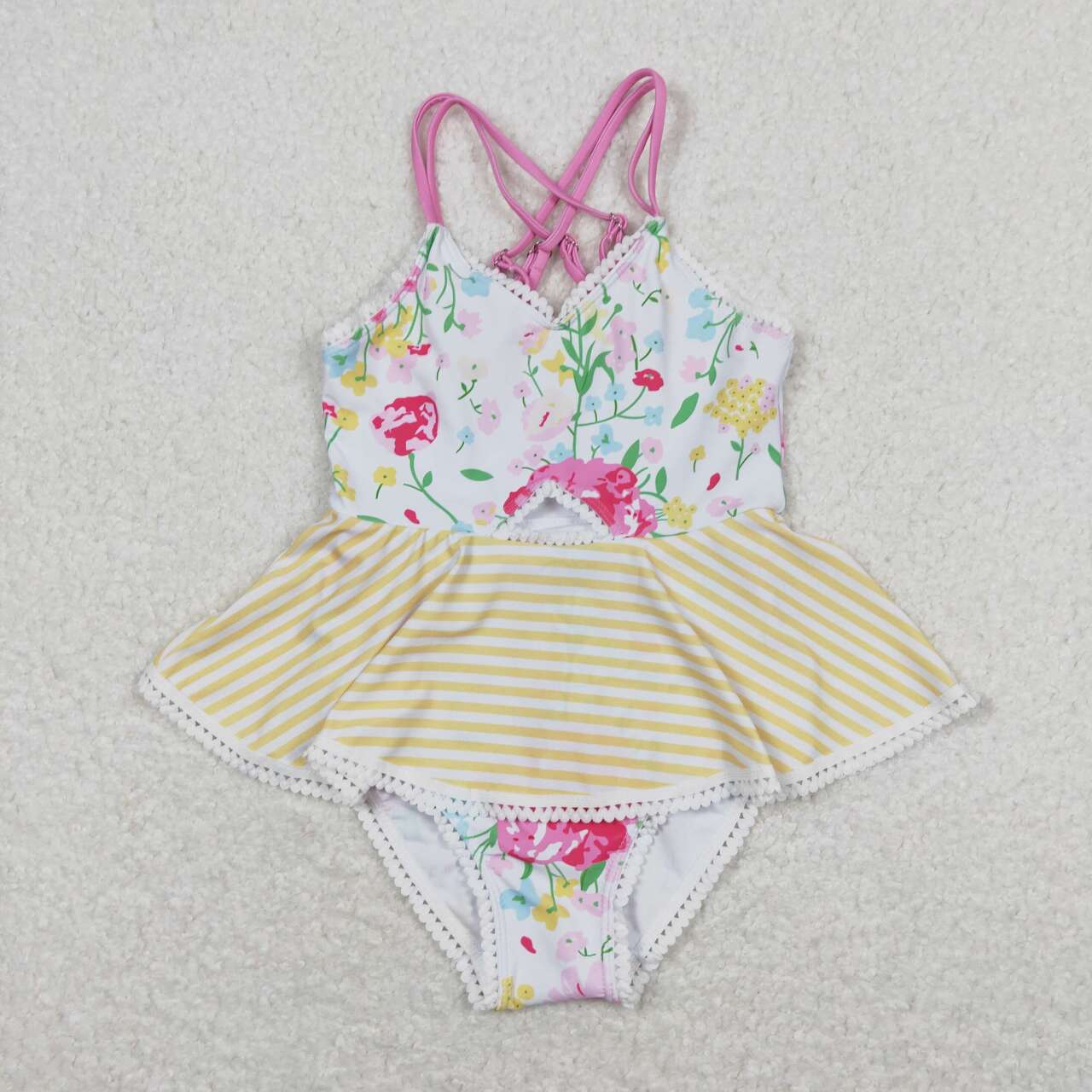 S0250 Hot pink flowers yellow girls swimsuits