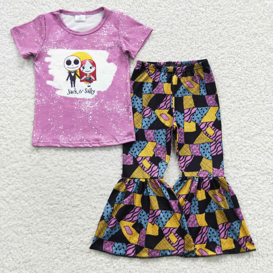 C9-13 Halloween Cartoon Skull Purple Short Sleeve Patchwork Pattern Pants Girls Clothes