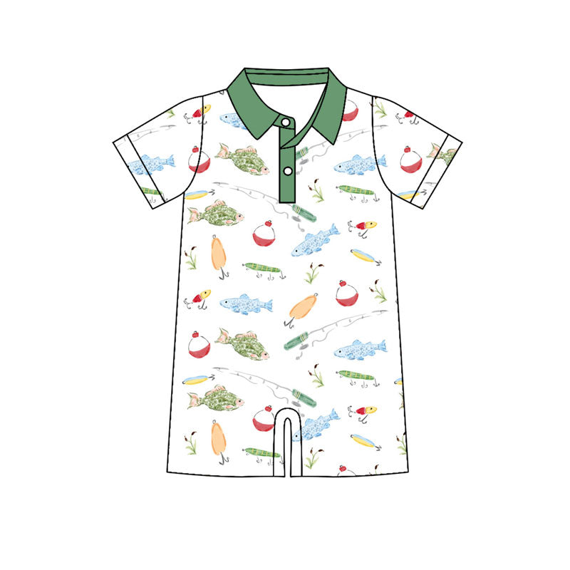 Custom moq 20 Bamboo Fishing Green Short Sleeve Boys Romper