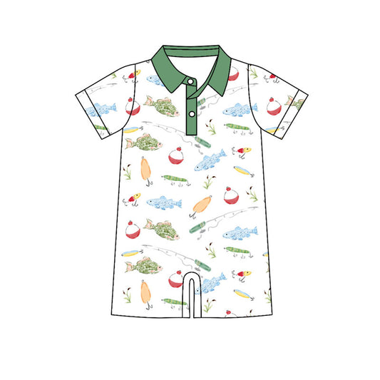 Custom moq 20 Bamboo Fishing Green Short Sleeve Boys Romper