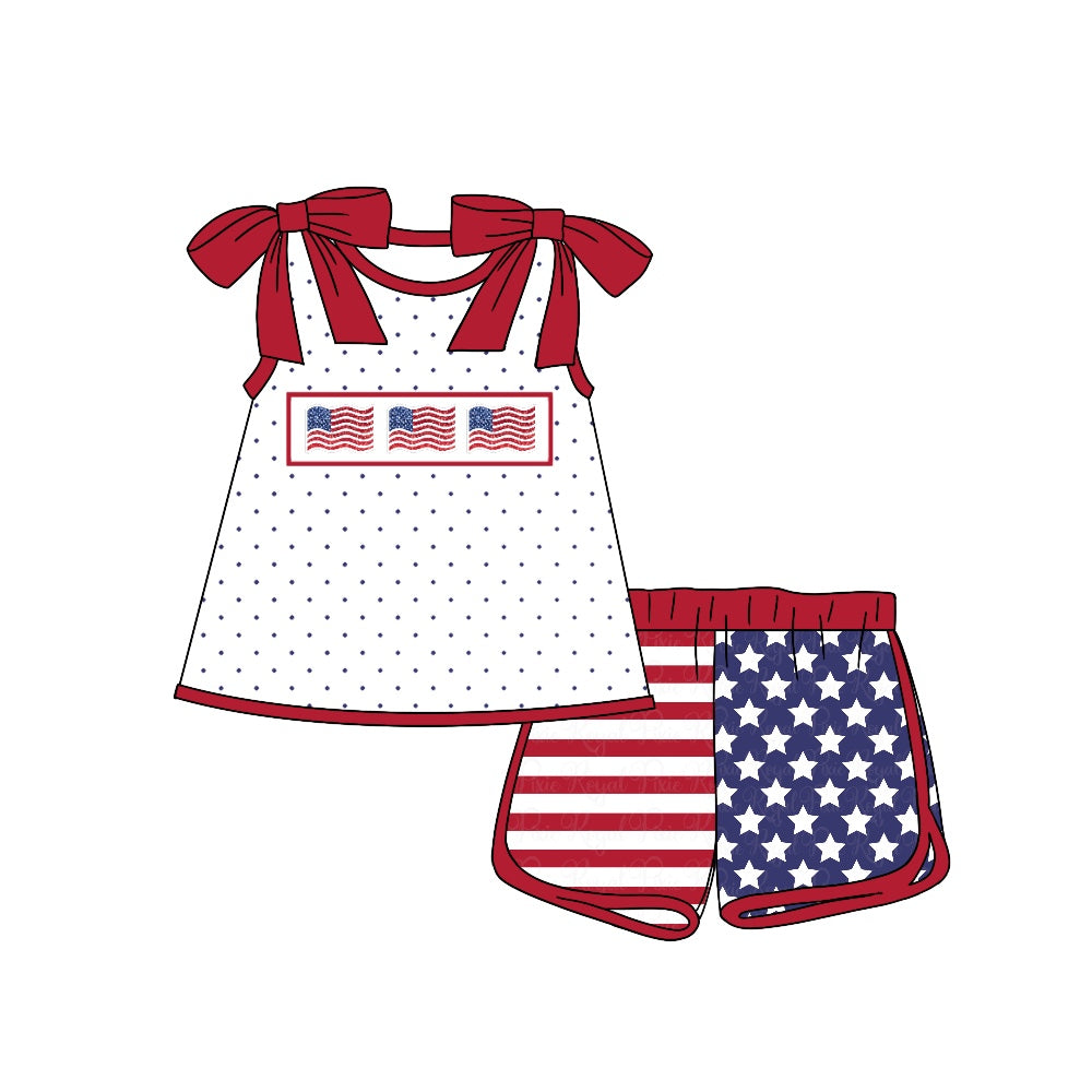 custom S July 4th flag lace-up striped star shorts girls set