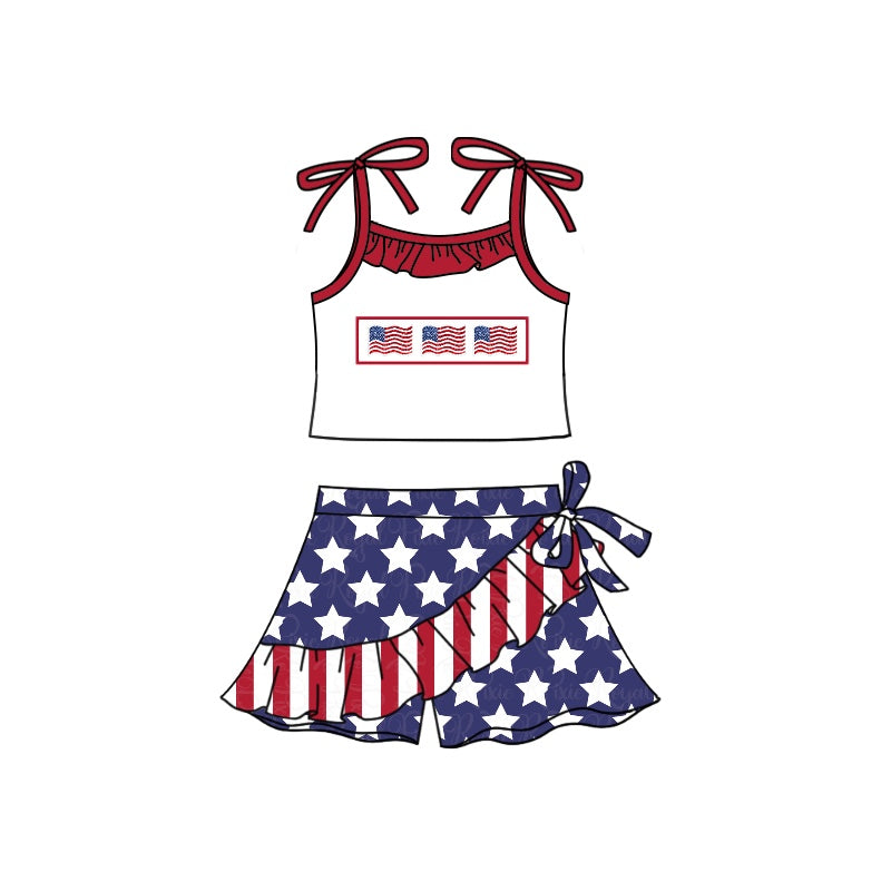 custom S July 4th flag lace-up striped star shorts girls set