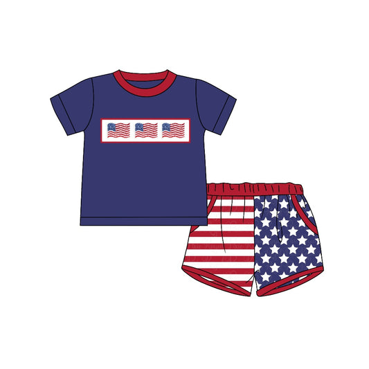 custom S July 4th flag blue short sleeve striped star shorts boys set