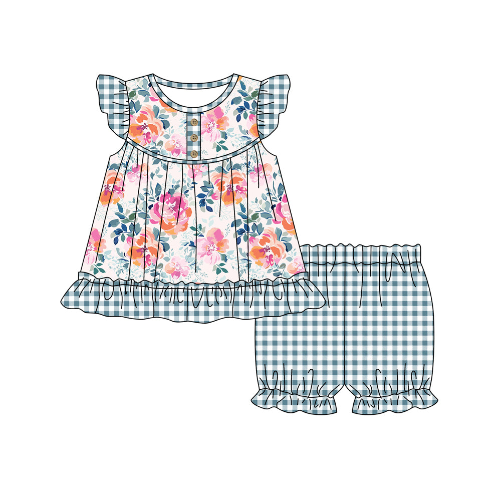 custom S colorful watercolor flowers flutter sleeve dark green checkered shorts girls set