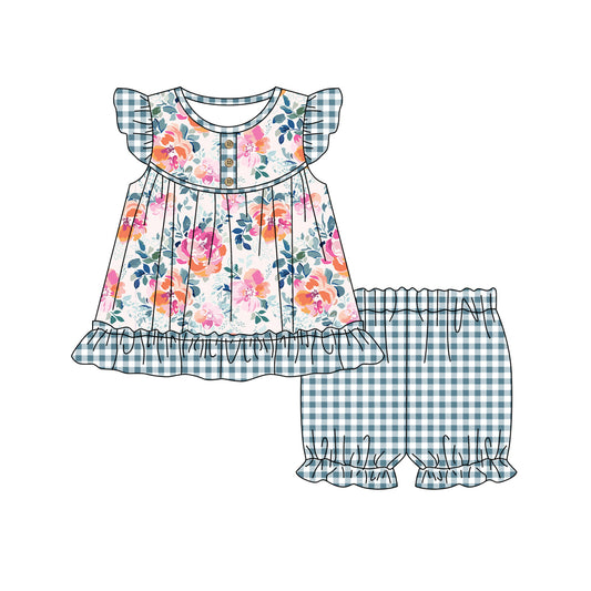 custom S colorful watercolor flowers flutter sleeve dark green checkered shorts girls set