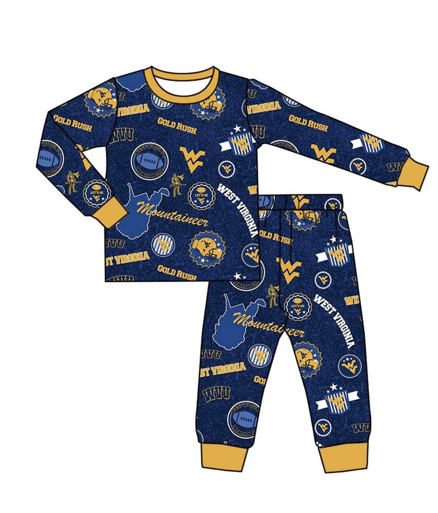 custom Yellow letter blue long sleeve kids pajamas