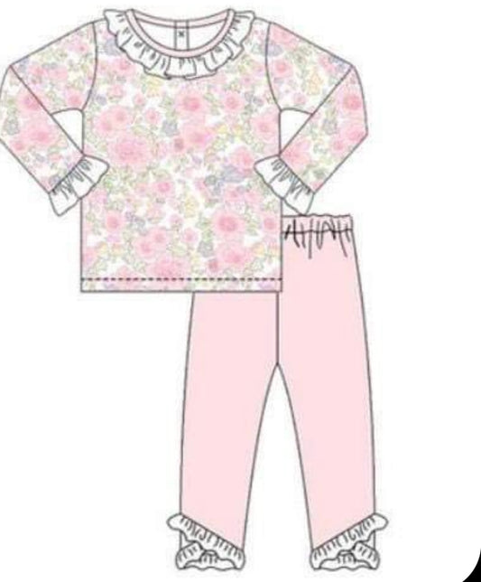 custom flowers long sleeve pink pants girls set