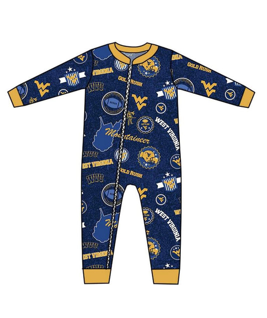 custom Yellow letter blue long sleeve kids romper